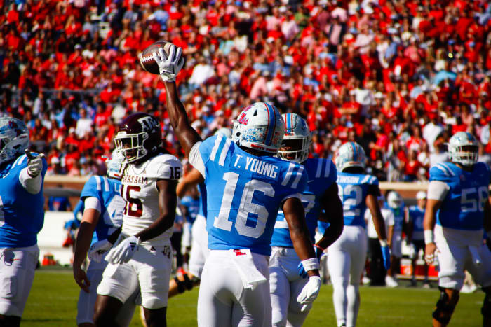 Ole Miss Rebels defensive back Teja Young celebrates on the field vs. the Texas A&M Aggies (2023).